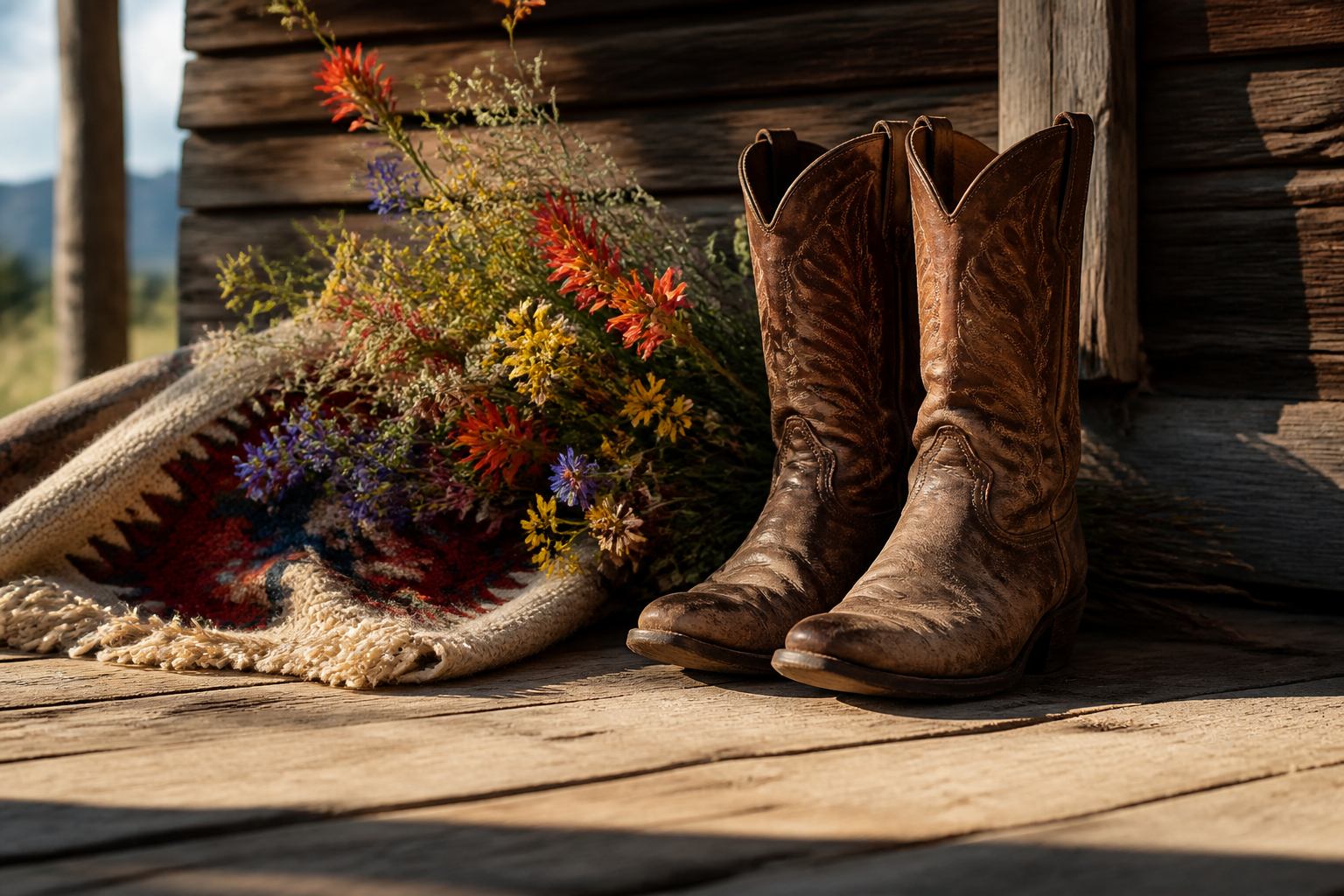 Leather cowboy boots beside a bouquet of wildflowers on a porch